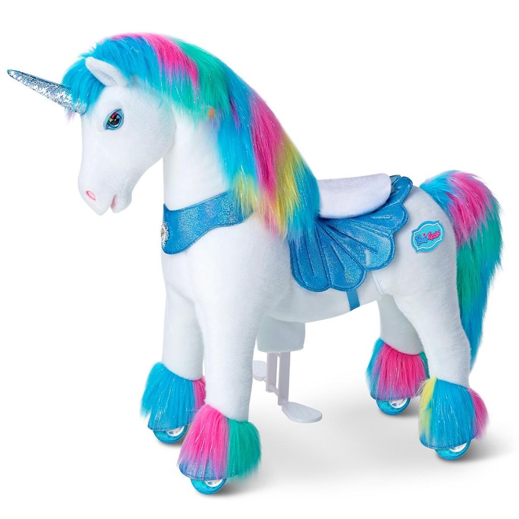 PonyCycle Modell Y Plüsch Reit-Einhorn Spielzeug für Kinder 4-7, Regenbogen Einhorn auf Rädern mit Geräuschen und Bremse – Y454