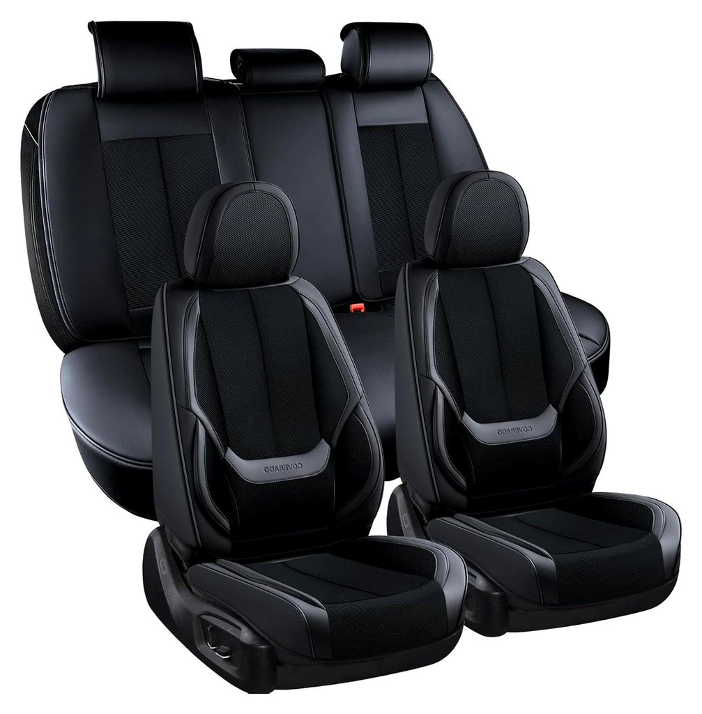Sitzbezüge Vorne und Hinten 5 Stück, Auto-Sitzbezüge Set Universal Stoff und Leder Kompatibel mit Den Meisten Limousinen SUV Pick-up Truck, Schwarz