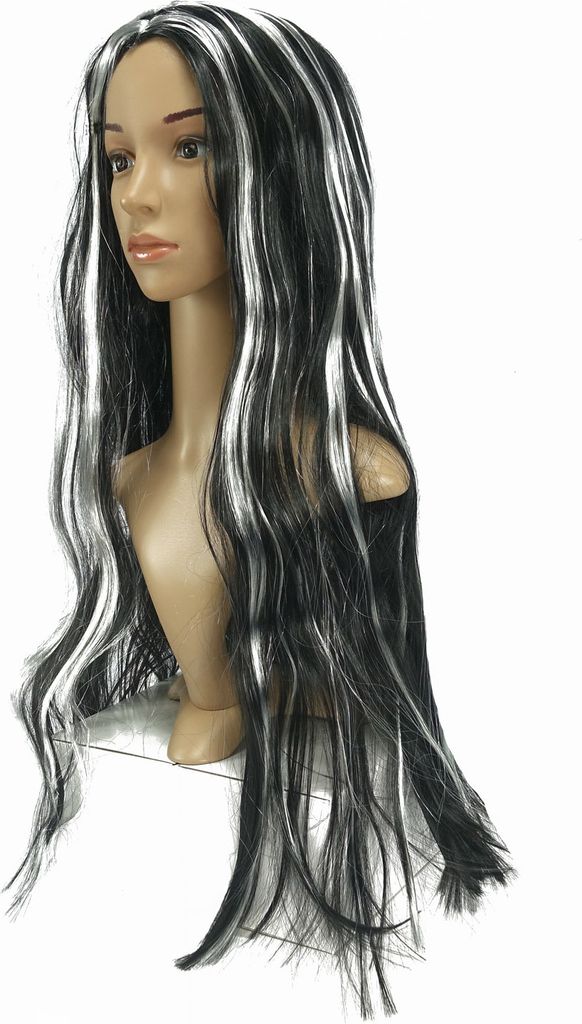 Schwarze Damen Hexen Perücke mit weißen Strähnen Produktbild 