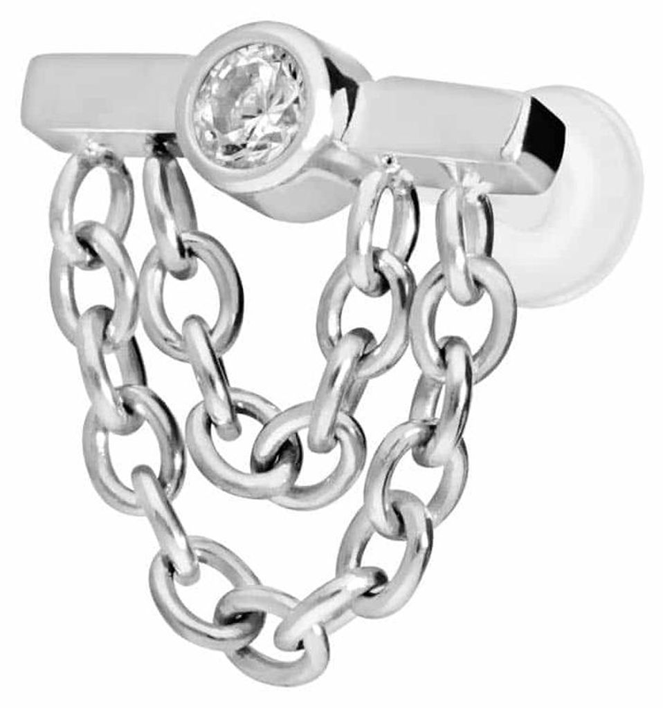 Ohrpiercing, Nasenpiercing PTFE Labret mit Innengewinde + Titan-Aufsatz BALKEN + KRISTALL + 2 KETTEN Silber Stablänge: 10mm | Stabstärke: 1,2mm