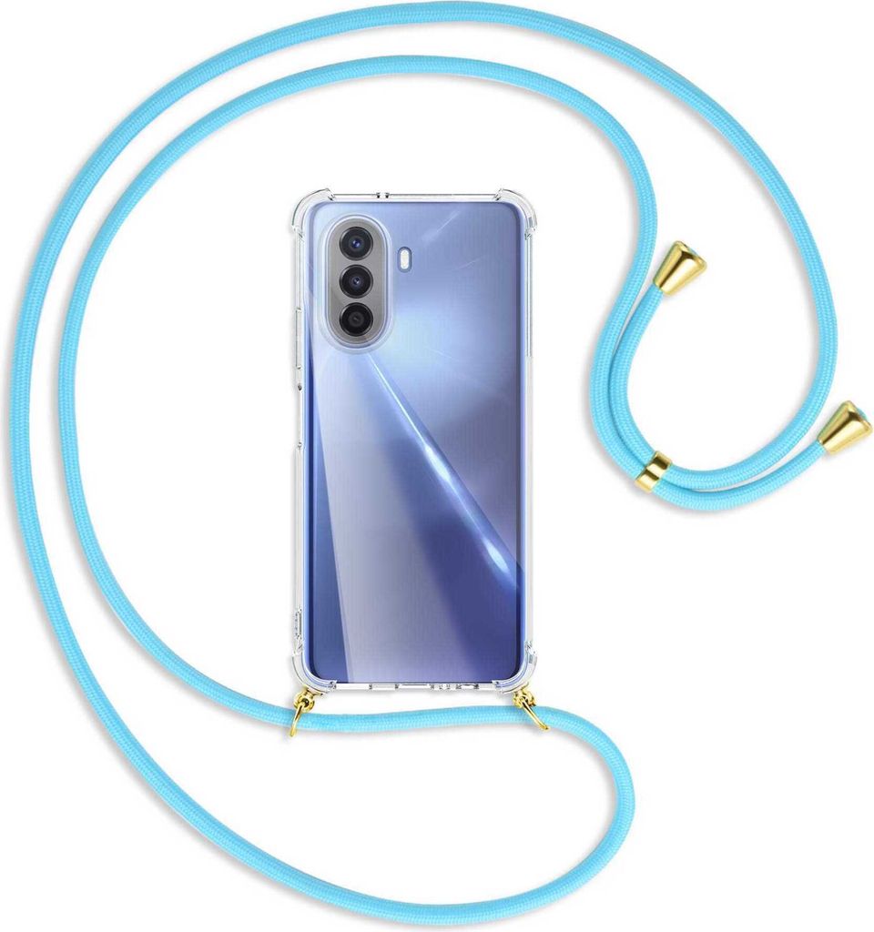 Handykette Backcover-Schutzhülle mit Band (Metall goldfarben) für Huawei nova Y70 4G (MGA-LX9) - himmelblau