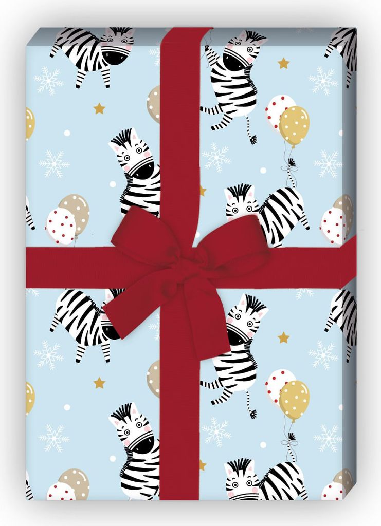 Hellblaues Kinder Geschenkpapier mit Zebras und Ballons - G12342, 32 x 48cm