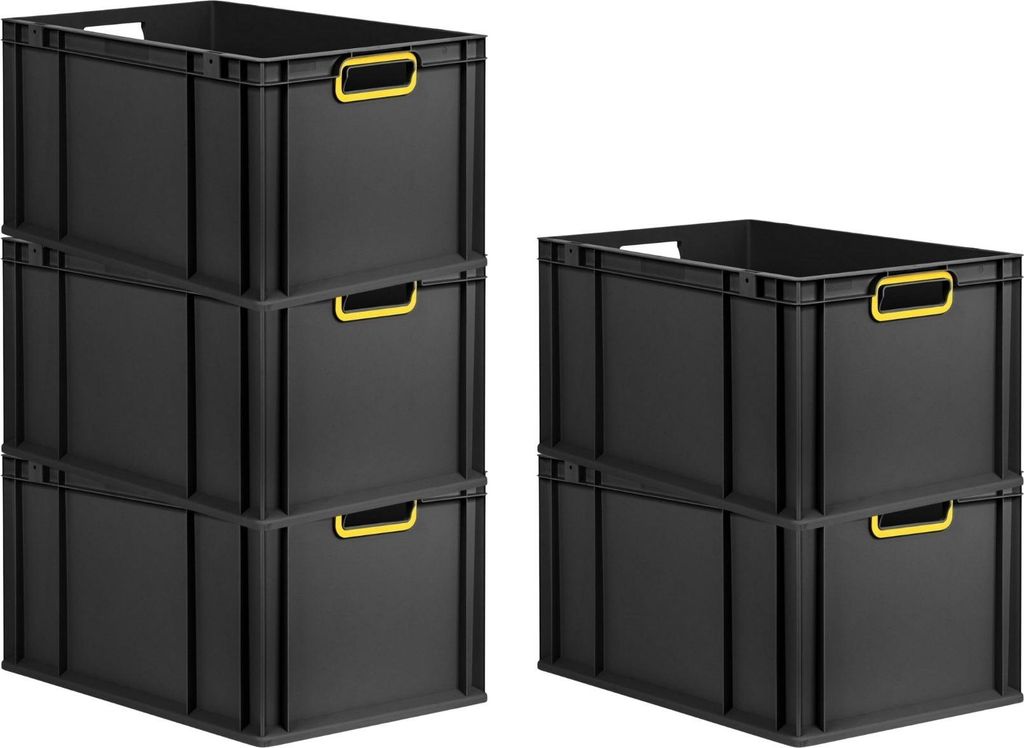 SparSet 5x Eurobox NextGen Color | HxBxT 32x40x60cm | 65 Liter | Griffe gelb offen | Verstärkter Boden | Schwarz | Eurobehälter, Transportbox, Tr...