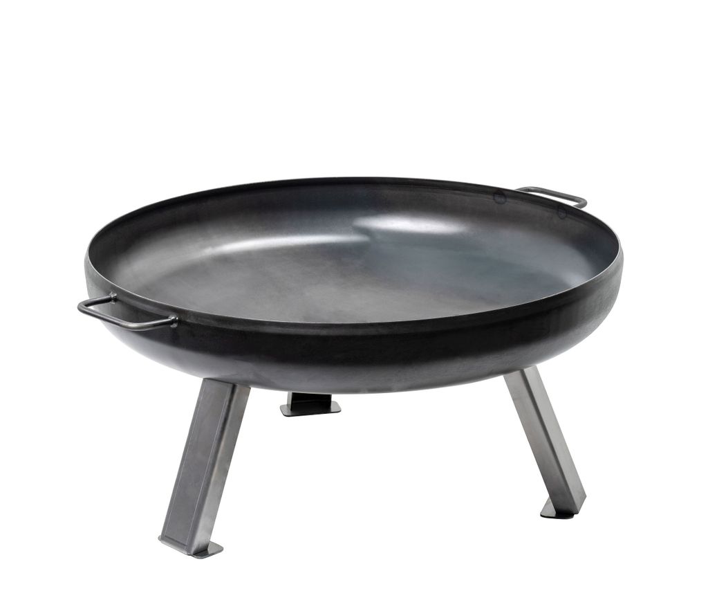 A black metal fire pit with three legs, shown against a white background.