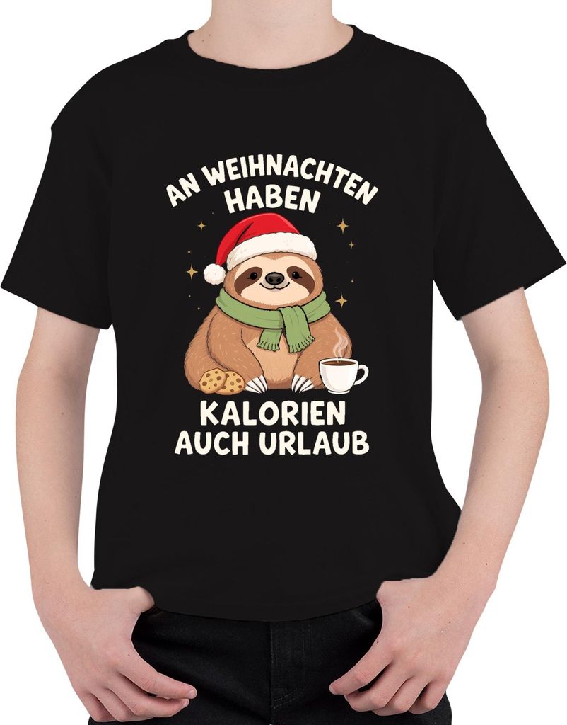 An Weihnachten haben Kalorien auch Urlaub Faultier lustig Keks Uni Kinder T-Shirt, Schwarz, 104