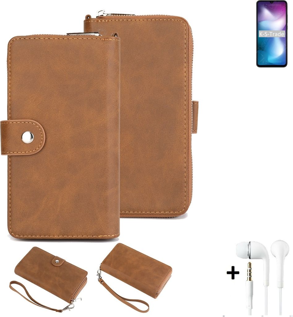 K-S-Trade Handy Schutz Hülle kompatibel mit Xiaomi Redmi 9 Activ + Kopfhörer Portemonnee Tasche Wallet-Case Bookstyle-Etui braun (1x)