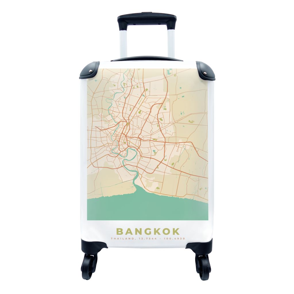 MuchoWow Koffer Handgepäck Trolley Rollkoffer Kleine Reisekoffer mit 4 Rollen - Bangkok - Karte - Vintage - Stadtplan - Cabin Size < 55x40x23 cm...