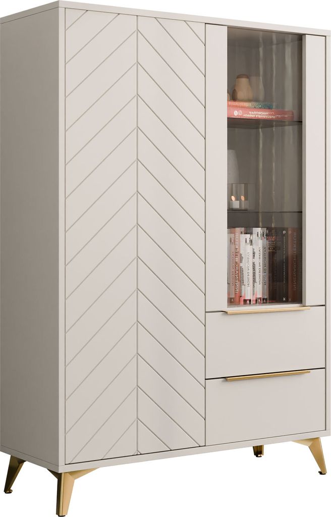 MIRJAN24 Vitrine Xylix 2D2SZ, Vitrine mit zwei Drehtüren und zwei Schubladen, Gold Metallfüße (Farbe: Sandbeige)