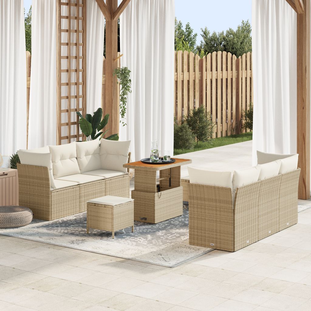 Desgin 9-teiliges Garten Sofaset mit Kissen Beige Poly Rattan Akazie - Gartensofas 3363391