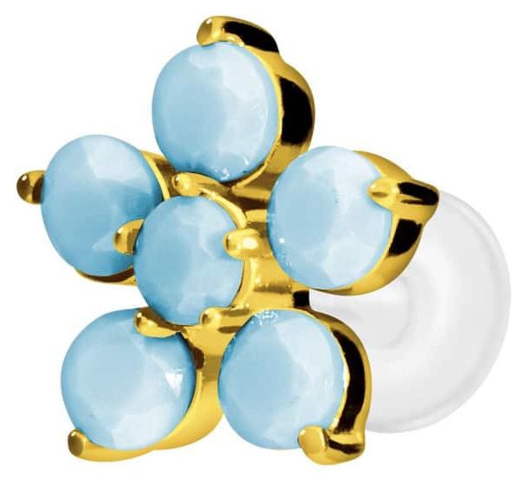 Ohrpiercing, Nasenpiercing PTFE Labret mit Innengewinde + Titan-Aufsatz BLUME + SYNTHETISCHE TÜRKISE Gold Stablänge: 5mm | Stabstärke: 1,2mm