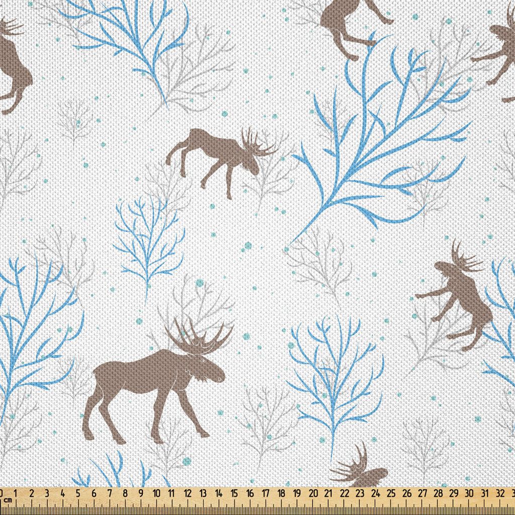 ABAKUHAUS Elch Satin Stoff als Meterware, Winter Forest Retro Style Illustration mit Rentier und Bäumen Snowy Xmas Nature, 3 M (148 x 300 cm), Bra...