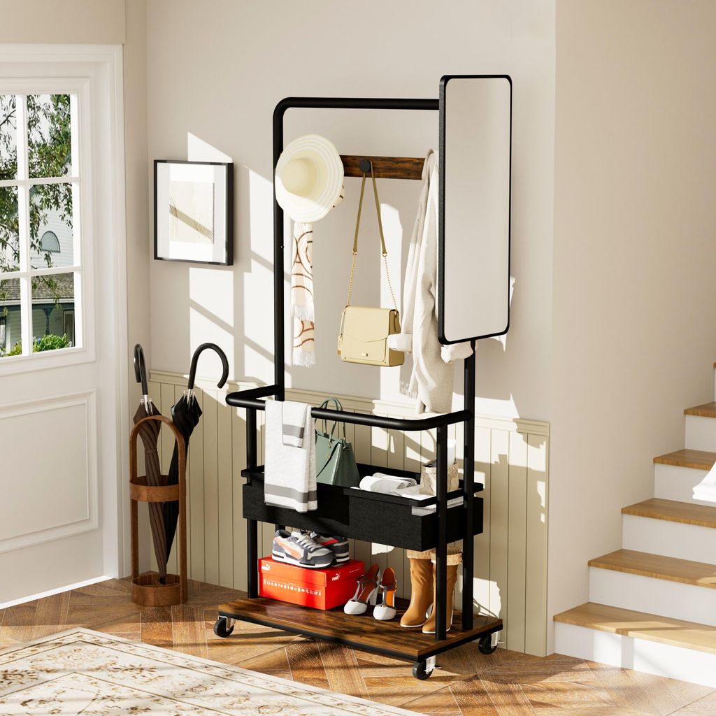 Metallgarderobe mit Rollen,3-in-1-Set, mit Korb Spiegel, hängende Garderobe,mobile Garderobe mit Rädern,Garderobe mit Stauraum,Schwarz Braun,70*4...