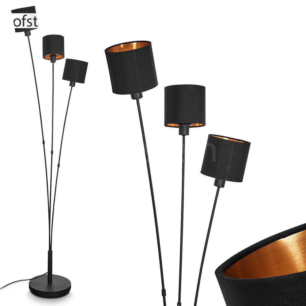 Costa »Costa« Bodenlampe, Metall, Schwarz, Stoffschirme, Schwarz/Goldfarben
