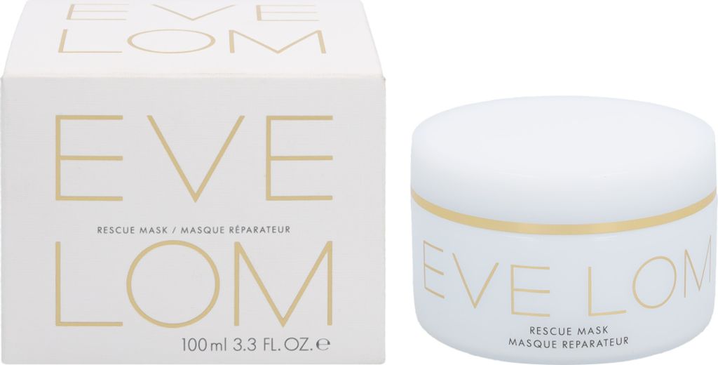 A white box and jar of Eve Lom Rescue Mask.