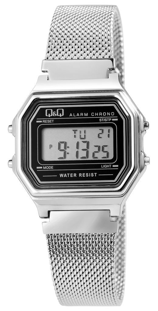 Q&Q Digitaluhr für Damen, Milanaisearmband, Edelstahl, 3 bar, silberfarben