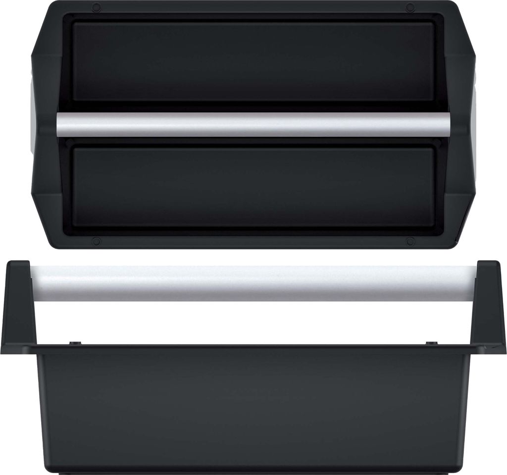 A top-down and front view of a black tool carrier with a silver handle.