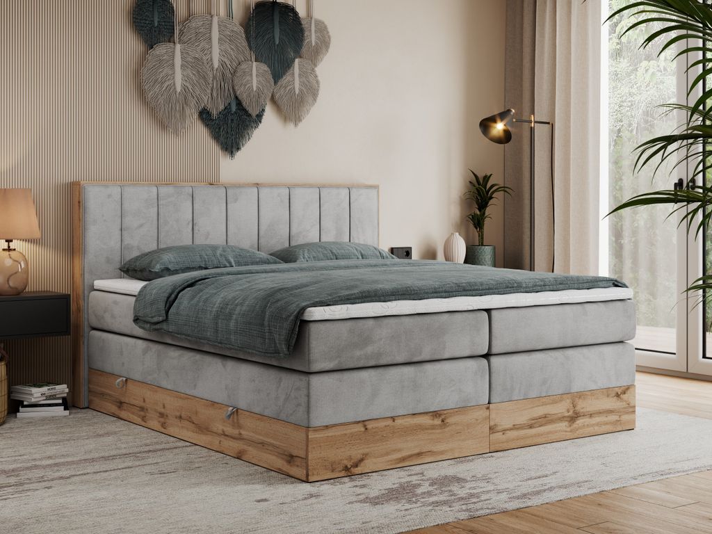 MKS MEBLE King Boxspringbett 200x200 mit Bettkasten Eiche, Polsterbett 200x200 mit Matratze H4, Bett 200x200 mit Rahmen in Wotan Eiche und Kopfteil...
