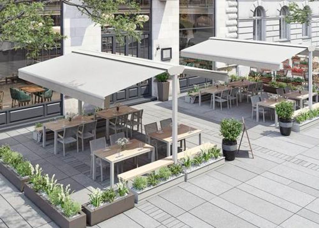 Soluna Standmarkise Duo 400x500 cm Gestellfarbe RAL 9010 reinweiß Stoffdessin 0001 inkl. 8x Holzbohlen für Sitzbänke unb