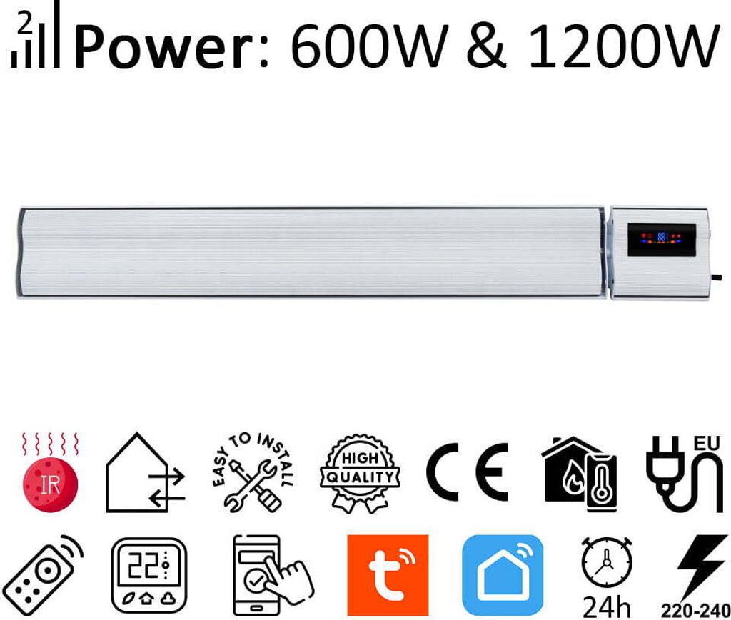 1200W u. 600W ElectricSun weiß Infrarotheizung mit thermostat, für Wand- und Deckenmontage 94x15cm Infrarotheizkörper mit App Smart Life