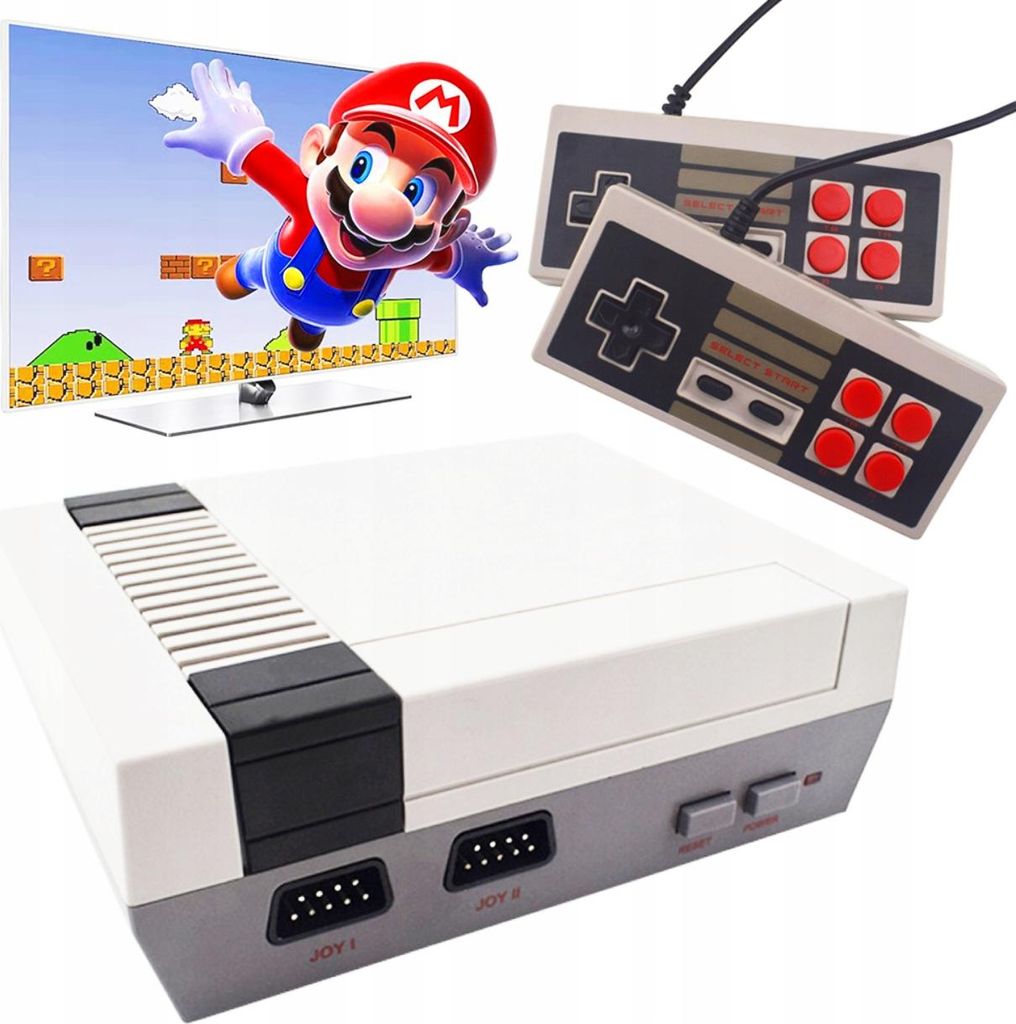 A retro TV game console with two controllers and a screen displaying Mario.