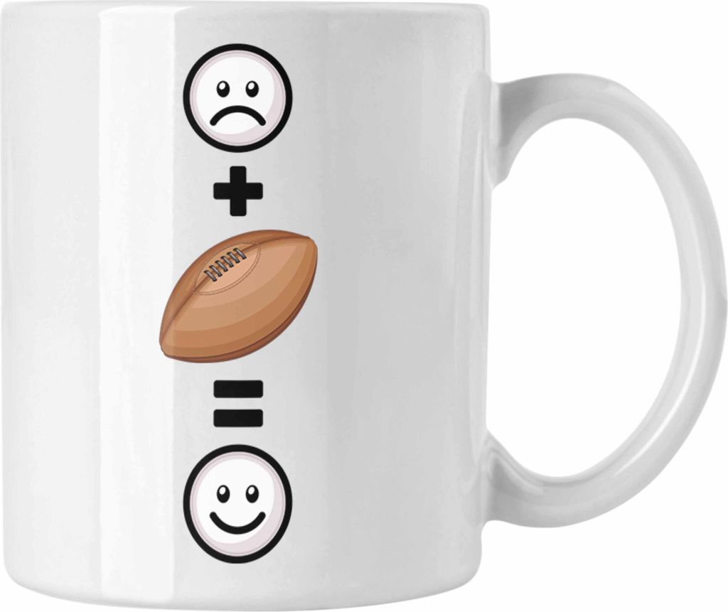 Trendation - Rugby Tasse Geschenk für Rugby-Spieler Lustige Geschenkidee :( + Rugby-Ball = :) Geburtstag (Weiß)