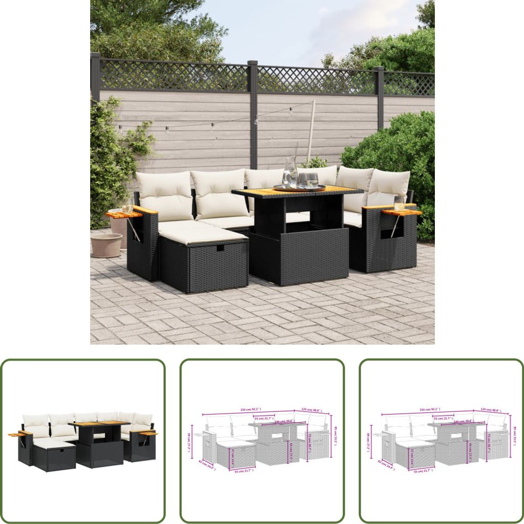 The Living Store 7-tlg. Garten-Sofagarnitur mit Kissen Schwarz Poly Rattan