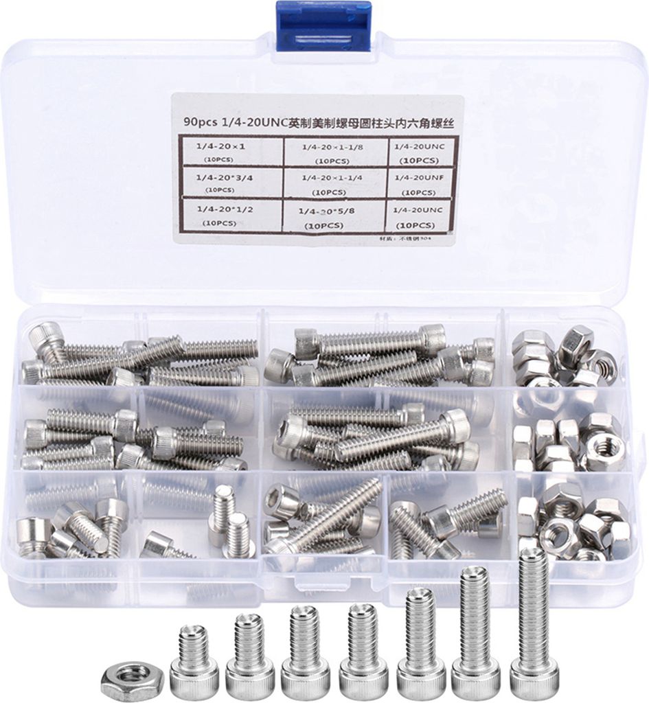 90Stück 1/4-20UNC Edelstahl Sechskantschrauben mit Innensechskantkopf Sortiment Kit