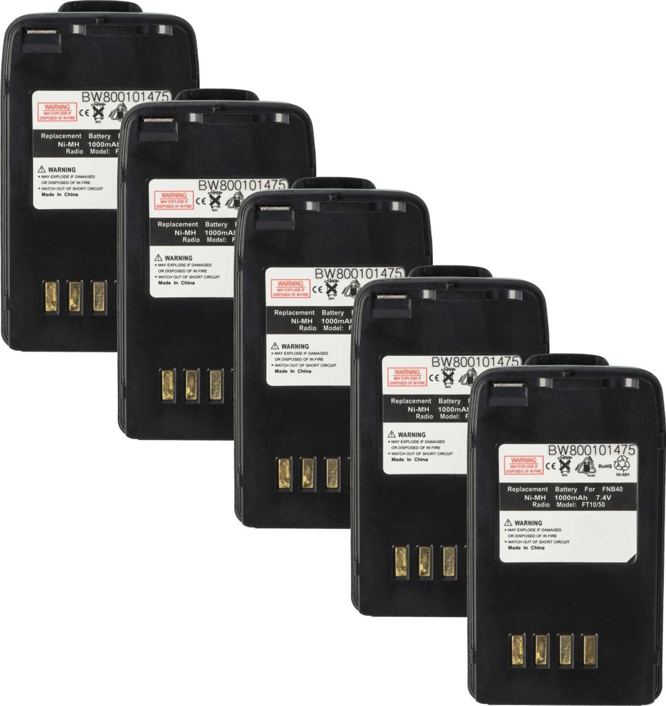 vhbw 5x Akku Ersatz für FNB-41, FNB-40 für Funkgerät, Walkie Talkie (1000 mAh, 7,4 V, NiMH) + Gürtelclip