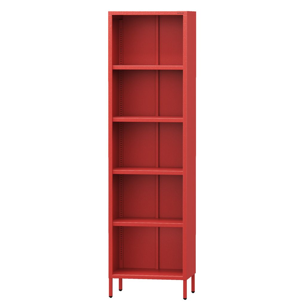A tall, narrow, red metal bookshelf with five shelves against a white background.