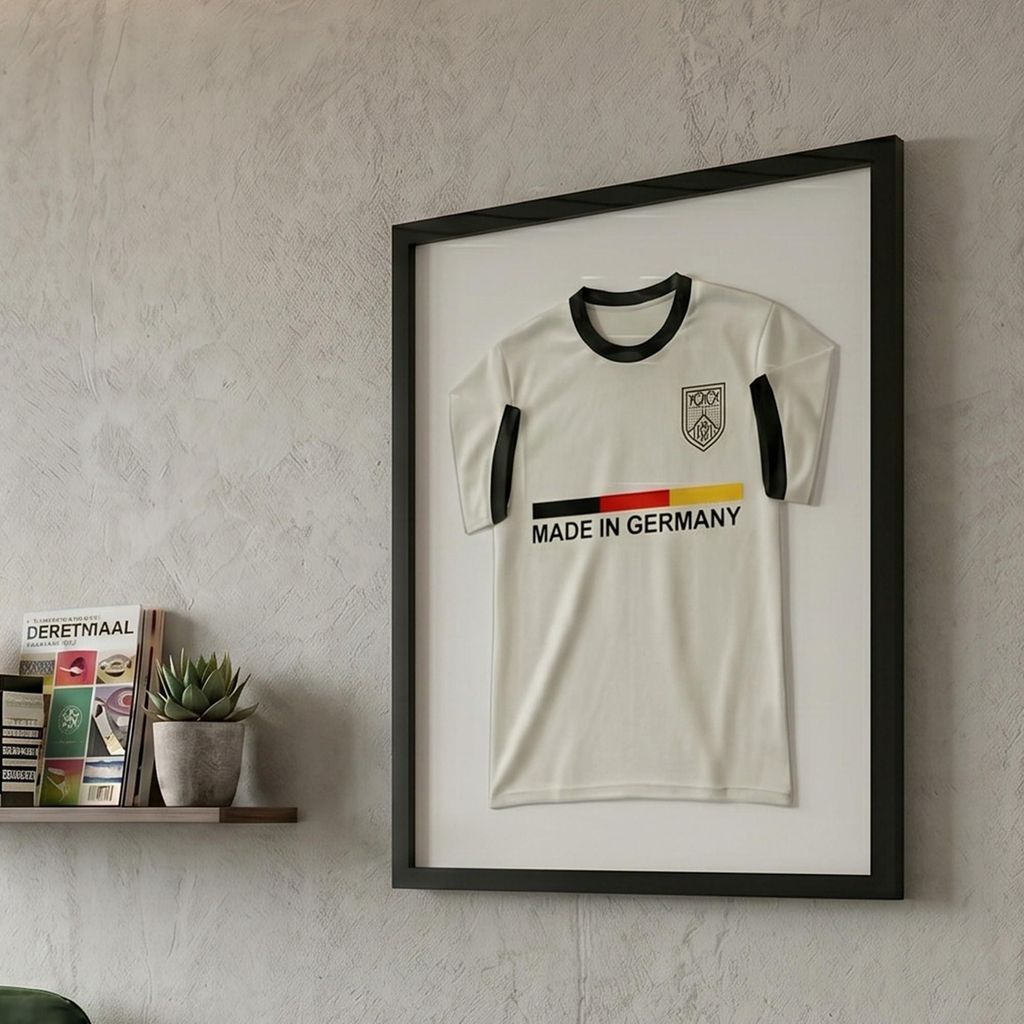 K-Möbel Premium Echtholz Trikotrahmen Schwarz 50x70 cm für Kindertrikots & Fan Shirts - Germany - Trikot Rahmen mit weißem Hintergrund und extr...