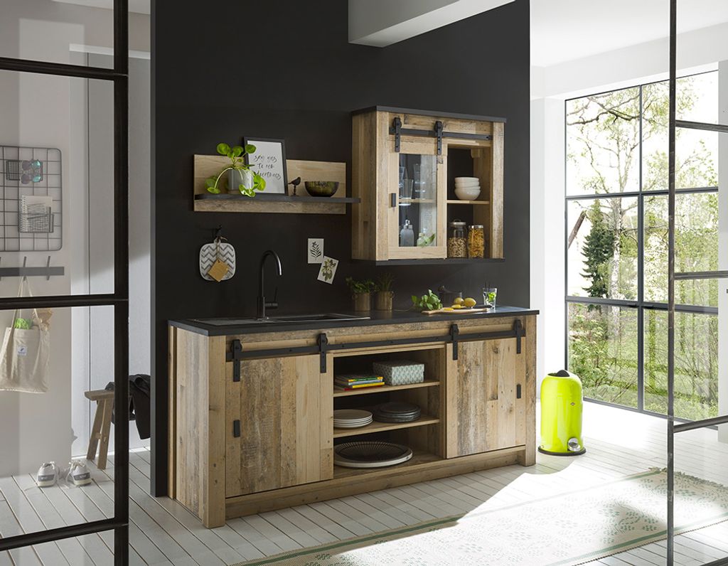 Küchen Set inkl. Spültisch, Hängeschrank und Regal SHELTON-61 in Old Style hell Nb. mit anthrazit