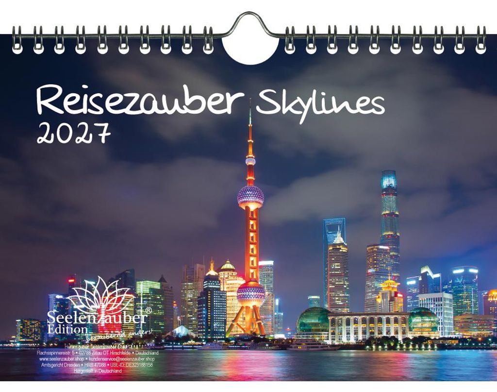 Reisezauber Skylines DIN A5 Kalender für 2027 Städte Skylines in Aquarell - Seelenzauber