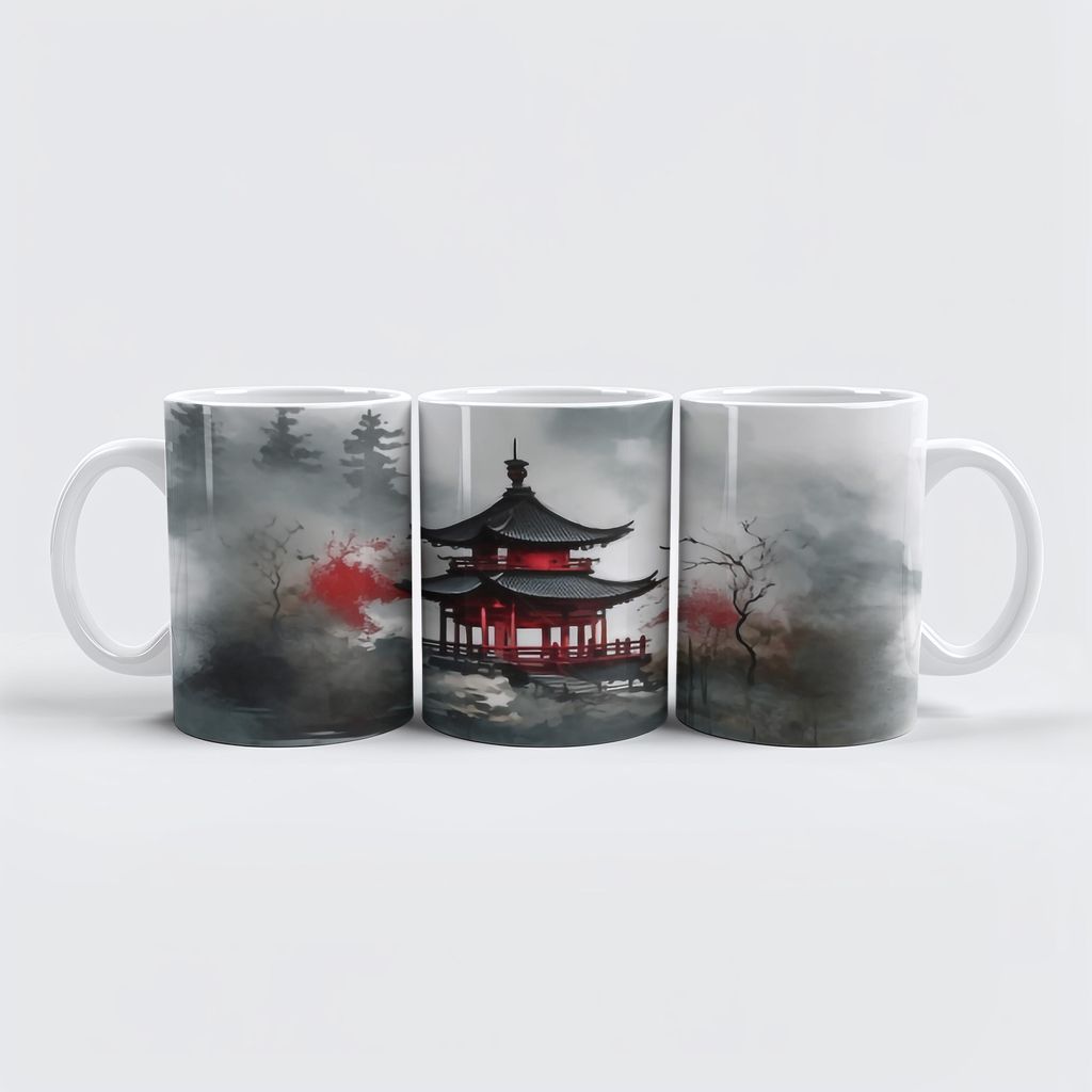 raxxa Premium-Tasse "Roter Tempel im Nebel - japanische Tuschezeichnung"