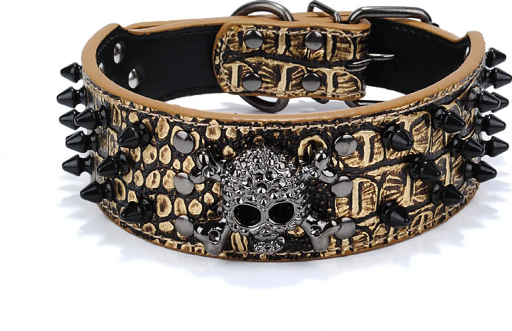 Collare Cane Pelle PU Teschi Oro Luxury | Accessorio Regolabile 56cm