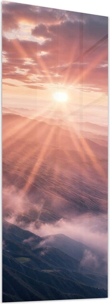 Glasbild 40x100cm in XXL für Wohnzimmer, Schlafzimmer Motiv Sonnenaufgang Berge