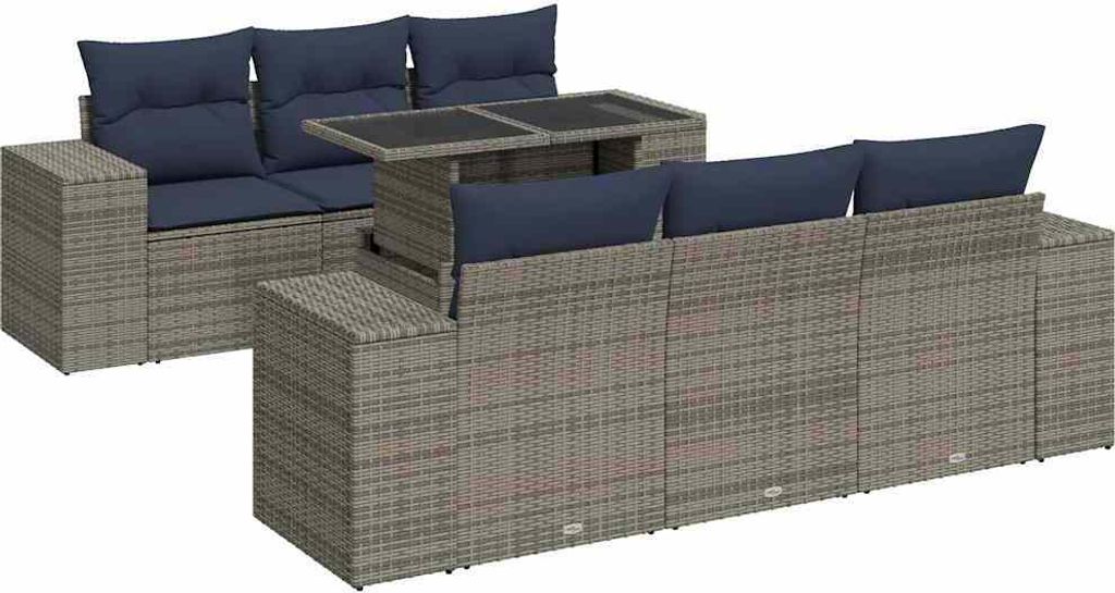 7-tlg. Garten-Sofagarnitur mit Kissen Grau Poly Rattan Akazie