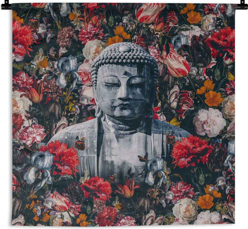 MuchoWow Wandteppich Wandbehang Buddha - Blumen - Rot 150x150 cm Tapisserie Dekoration Wandtuch - Wohnaccessoires - Modernes