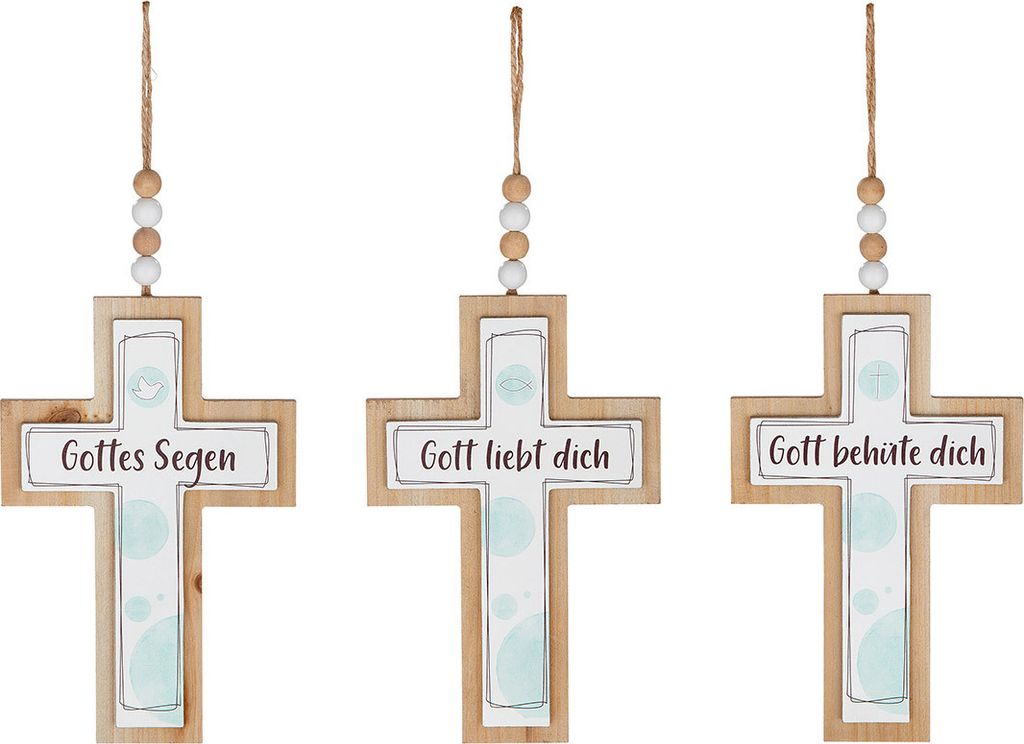 Gilde Hänger, Kreuz, Spruch, gepunktet, MDF, naturfarben, L. 0.9 cm, B. 15 cm, H. 36 cm 44395 4063387443958 3 Stück (3-fach sortiert)