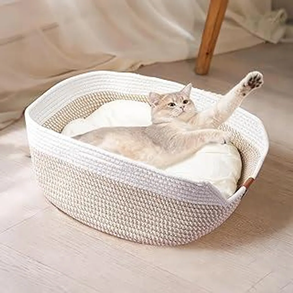Cuccia per Gatti 40cm in Corda di Cotone Bianca con Cuscino Lavabile