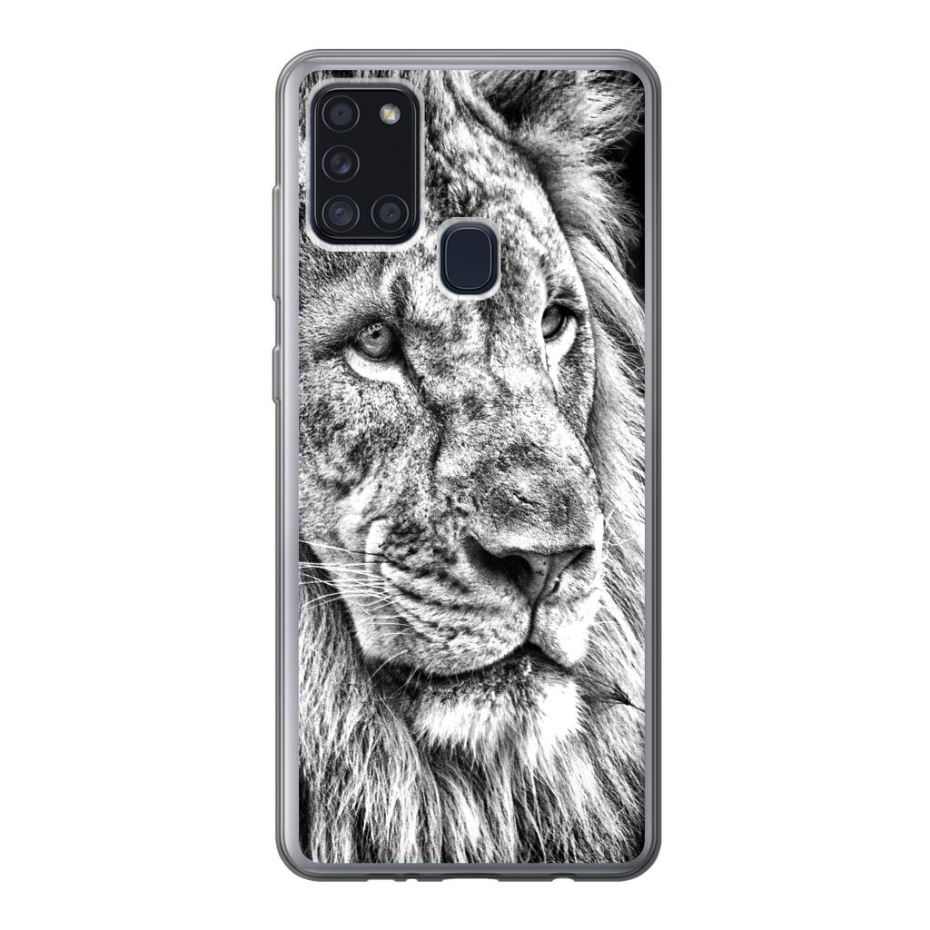 MuchoWow Handyhülle Schutzhülle Hülle für Samsung Galaxy A21s Porträt - Löwe - Schwarz und weiß Silikon Softcase Handy Hülle - Hartschale