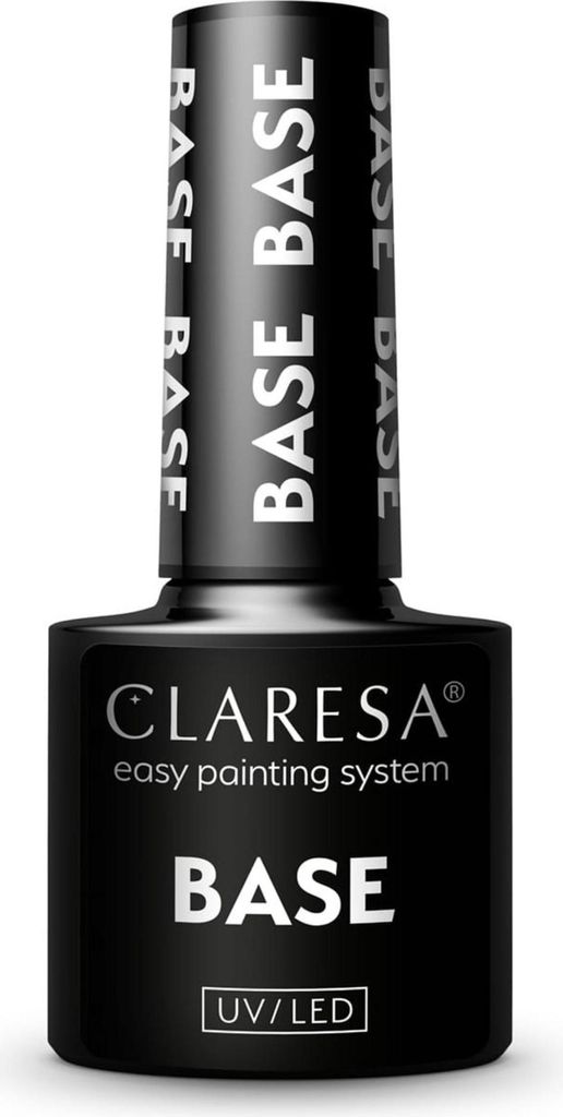 A studio shot of a black bottle of Claresa base coat nail polish.