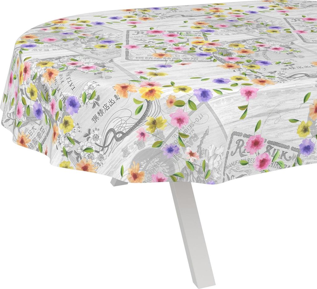 Tischdecke Vintage Postkarte Grau Oval 180x140cm Schnittkante Wachstuch abwaschbar