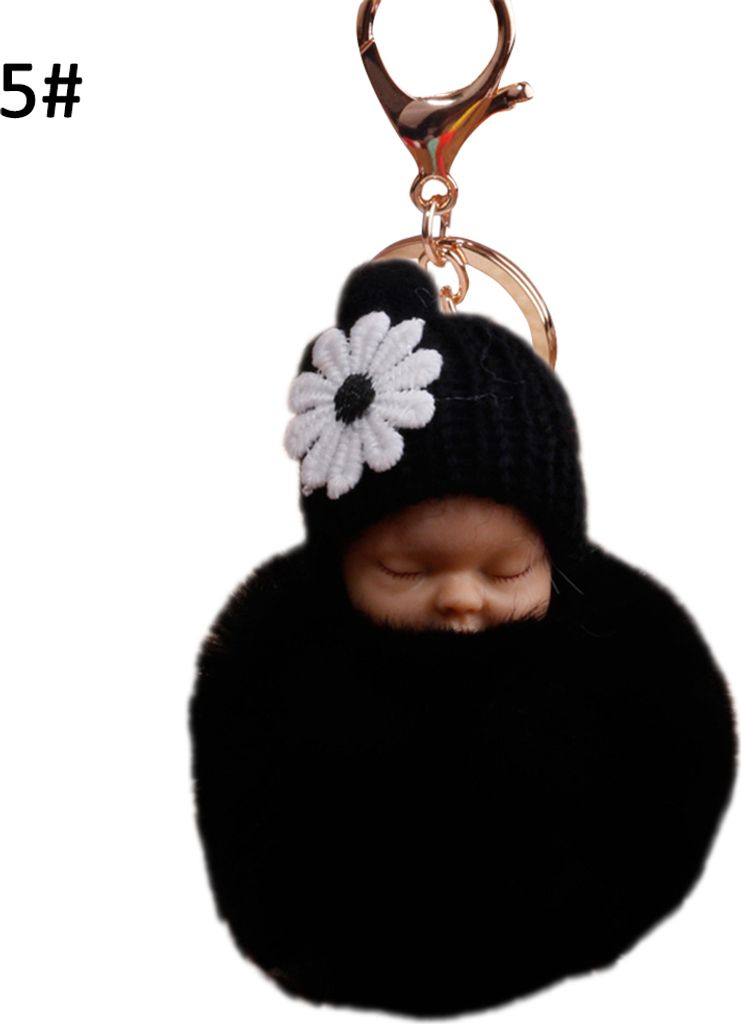 Süßes schlafendes Baby, flauschiger Pompon-Plüschpuppe, hängender Anhänger, Schlüsselanhänger-Schwarz