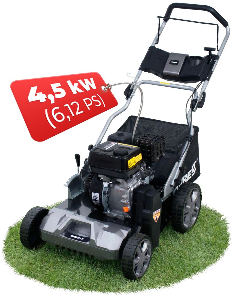 Vertikutierer Benzin ONBEST S4544 | 2in1 Rasenlüfter | 44 cm Arbeitsbreite | 4,5 kW / 6,12 PS | 45 L Fangkorb