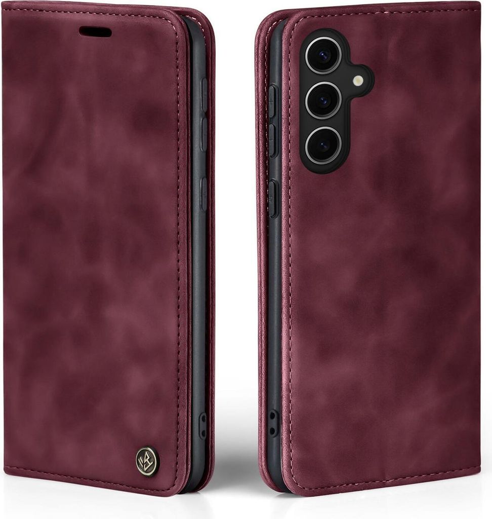 A burgundy flip case for a smartphone is shown from two angles.