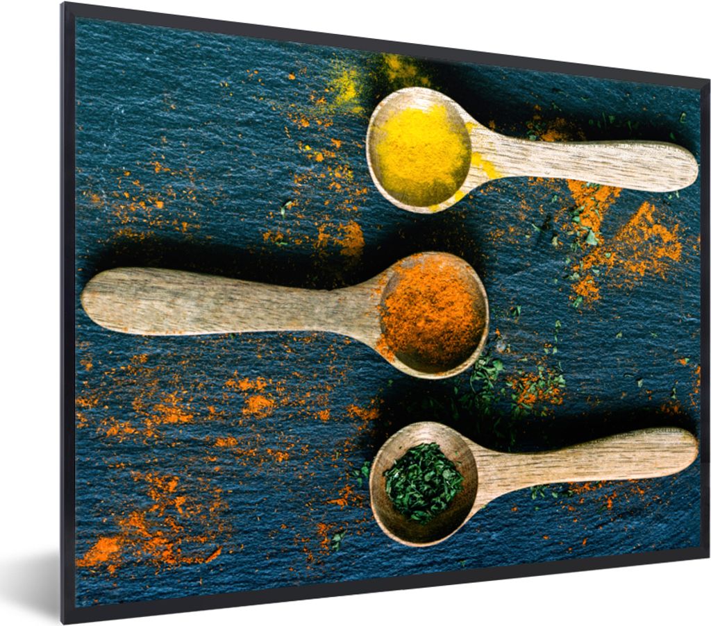 MuchoWow Gerahmtes Poster Gewürze - Löffel - Kräuter - Braun - Gelb - Grün 80x60 cm - Poster mit Schwarzem Bilderrahmen Wandposter Rahmen Fot...