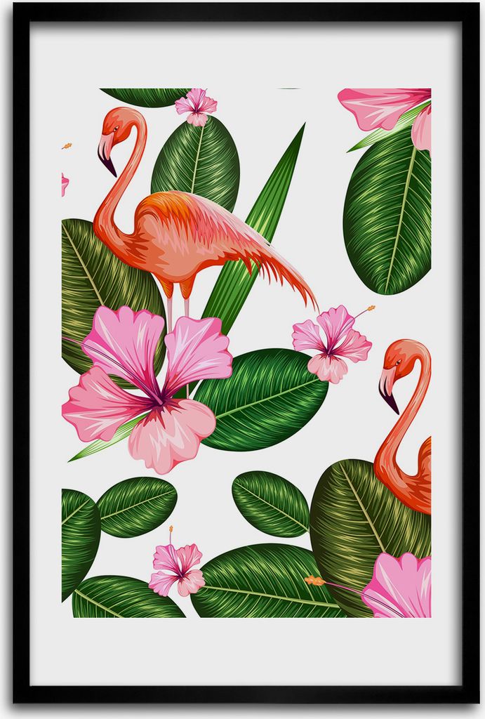Bild - Bilderrahmen - 40 cm x 60 cm - MDF - Rahmen - Wandkunst - Flamingos und Blumen