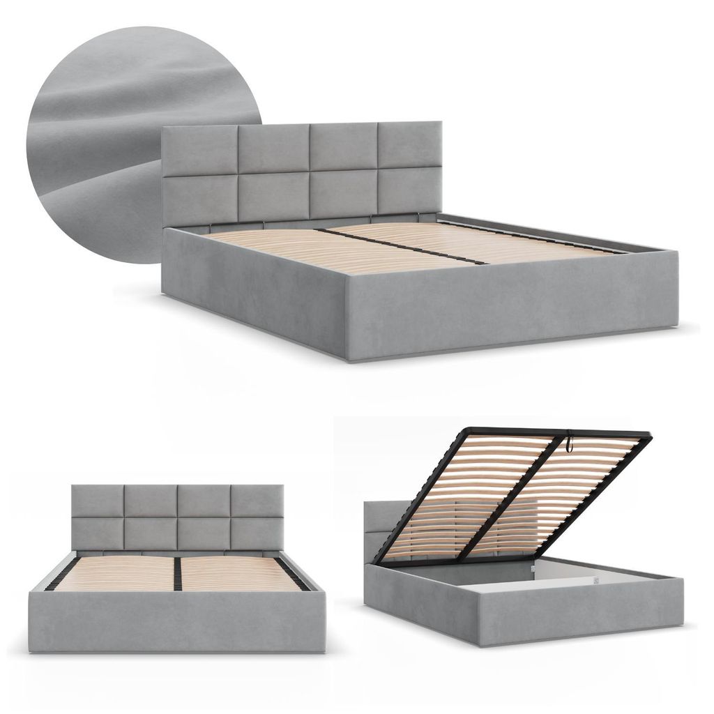 Doppelbett BORGO 180x200 Polsterbett mit Bettkasten & hochklappbarem Metall-Lattenrost, Stauraumbett Grau Samt