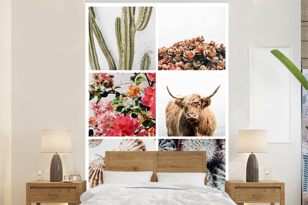 MuchoWow Fototapete für Wohnzimmer oder Schlafzimmer Wandtapete Vinyl Motivtapete Schottischer Highlander - Collage - Blumen - Kaktus - 160x240 ...