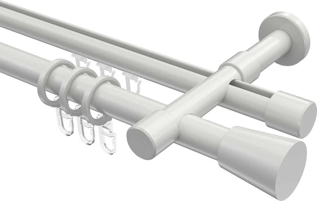 Interdeco Rundrohr-Innenlaufstange / Gardinenstange (Kombination) Weiß, Typ Prestige Sitra (Konus), 20 mm Ø 2-läufig, 140 cm